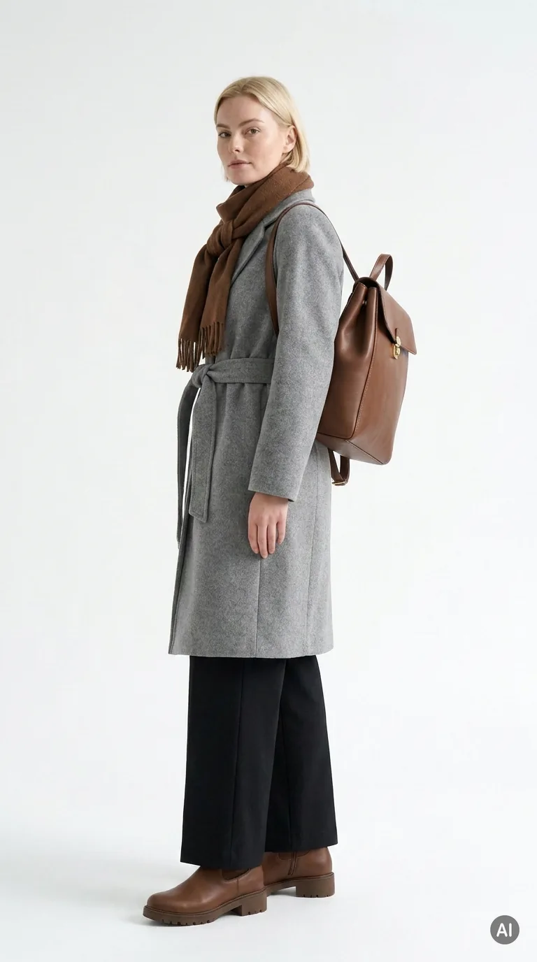Model im kompletten Outfit, schräg von vorne: grauer Wollmantel, brauner Schal, schwarze Hose, braune Stiefel, brauner Lederrucksack