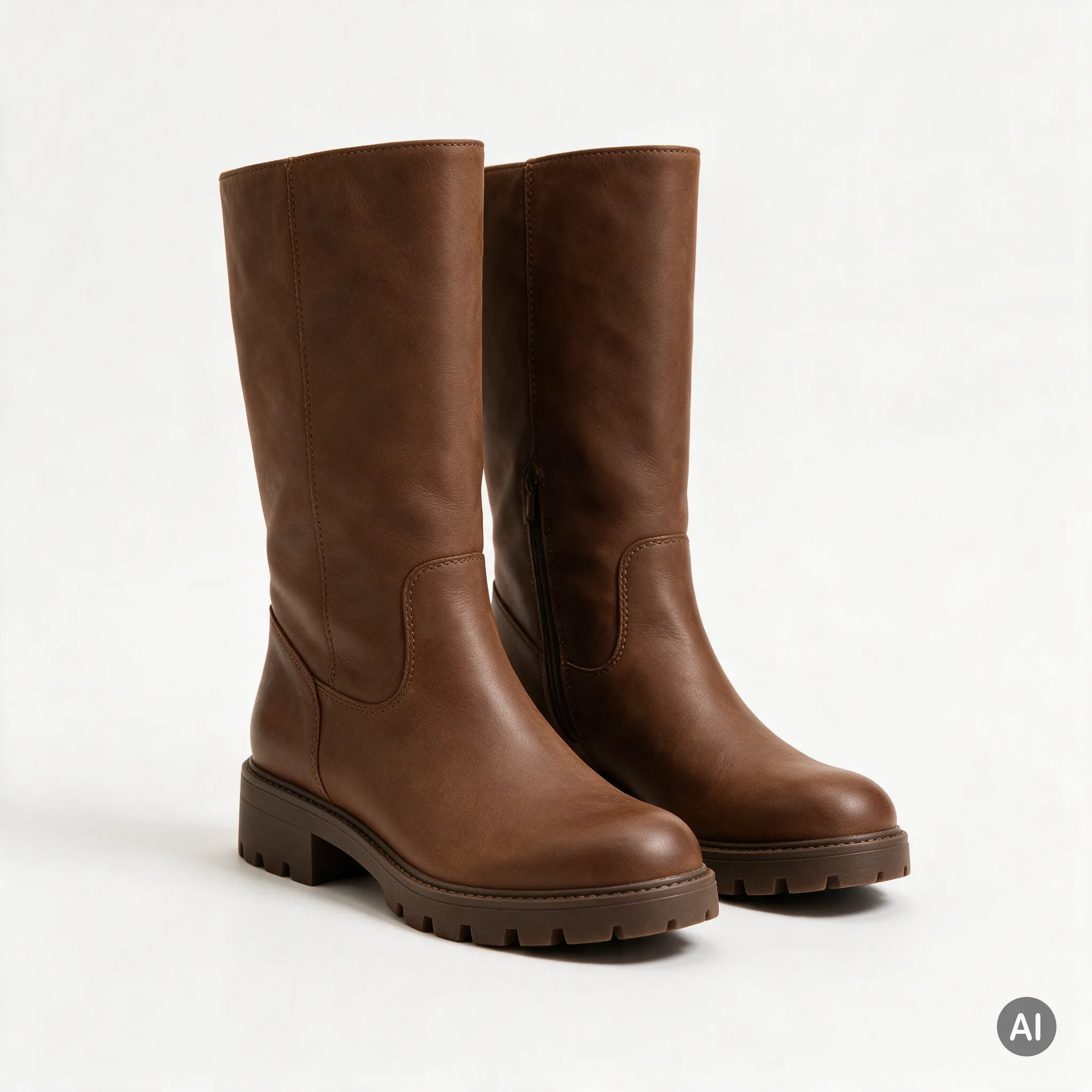Braune Lederstiefel mit Profilsohle, freigestellt