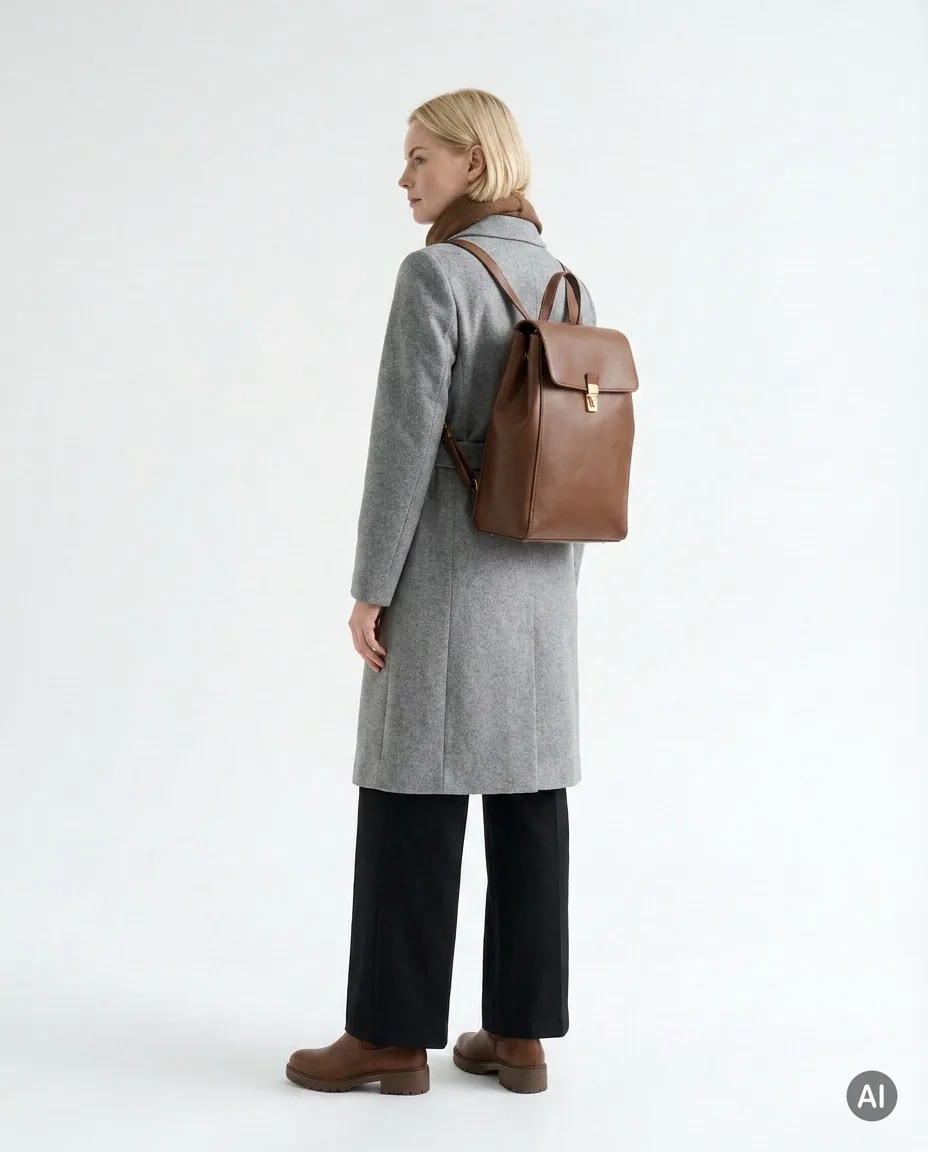 Model im kompletten Outfit, schräg von hinten, Rucksack getragen