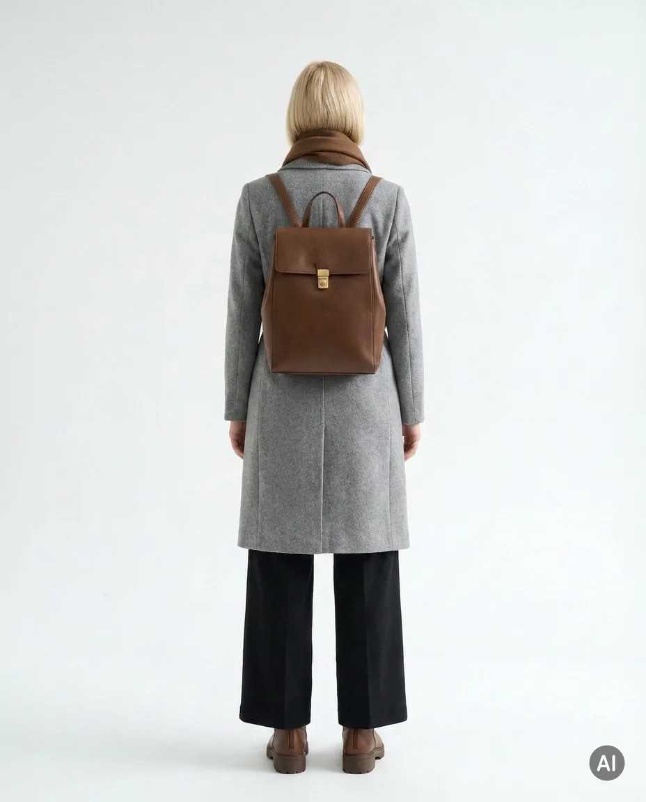 Model im kompletten Outfit, Rückansicht mit getragenem Rucksack