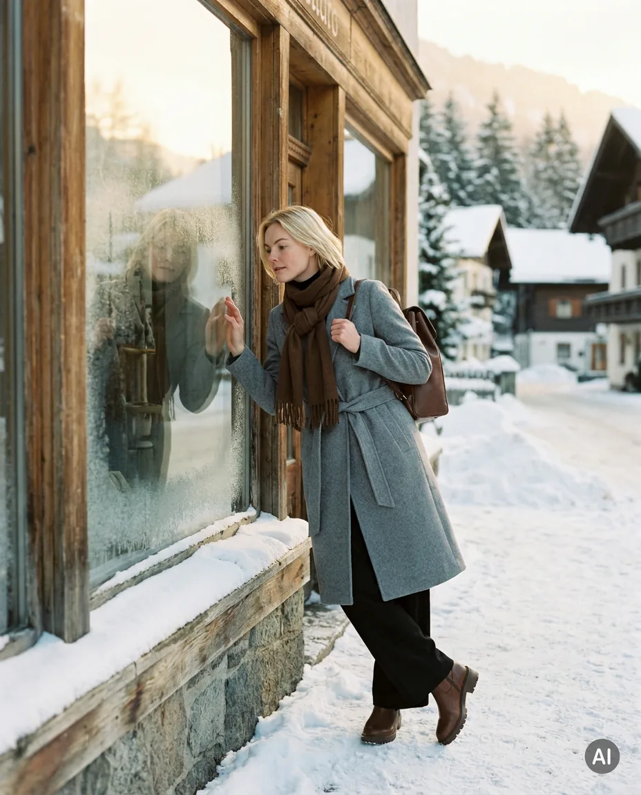 Model blickt in ein Schaufenster in einem verschneiten Bergdorf