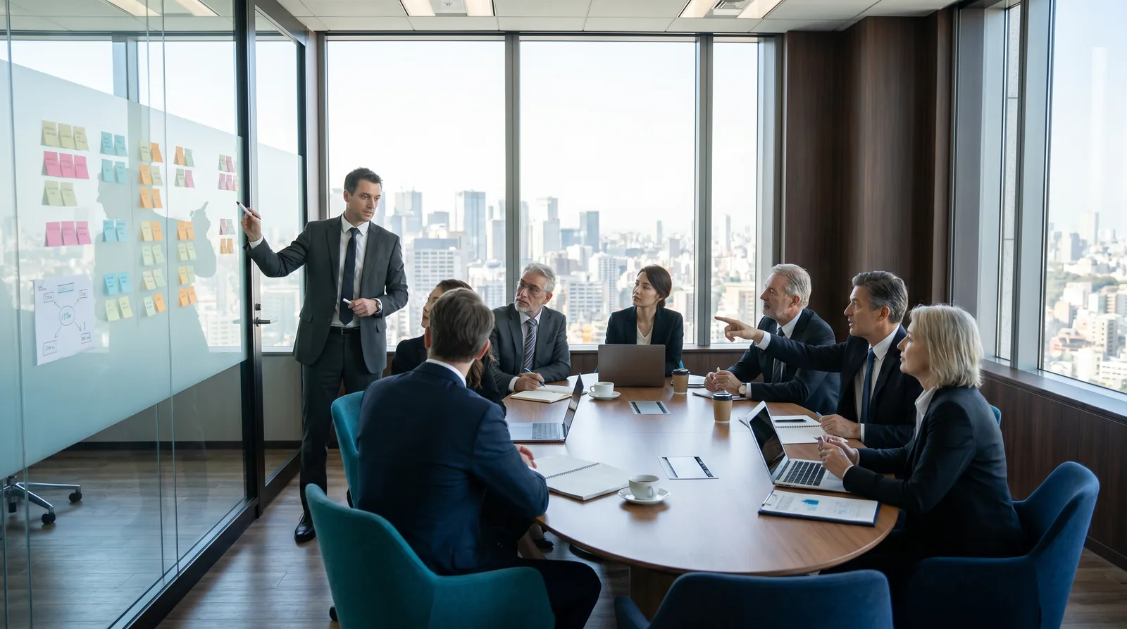 Workshop-Situation in einem modernen Büro: ein Team identifiziert gemeinsam KI-Use-Cases an einer mit Klebezetteln strukturierten Wand